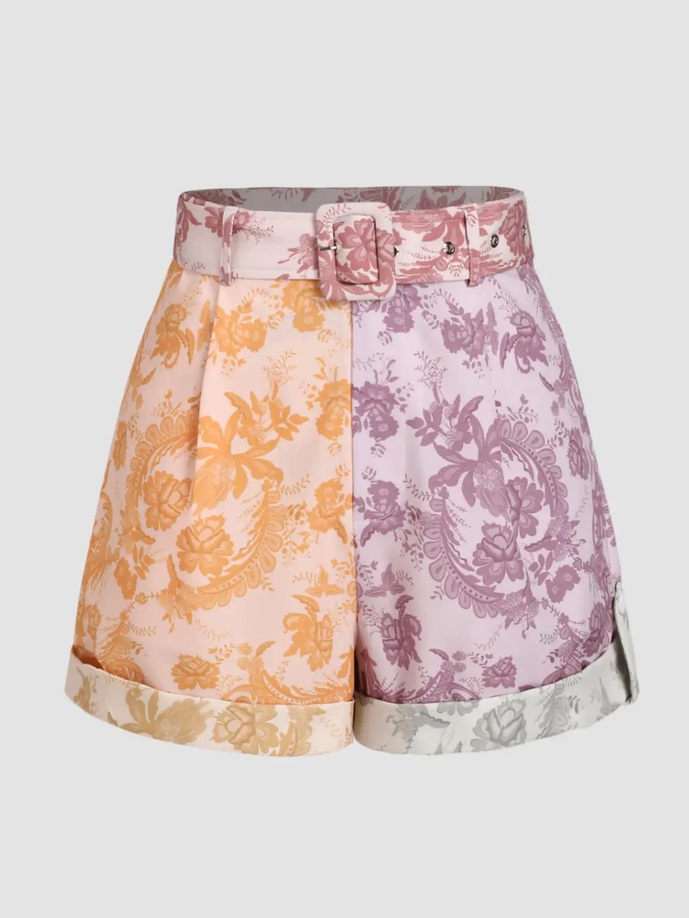 Cider Two-Tone Floral High-Waist Shorts in Peach & Mauve